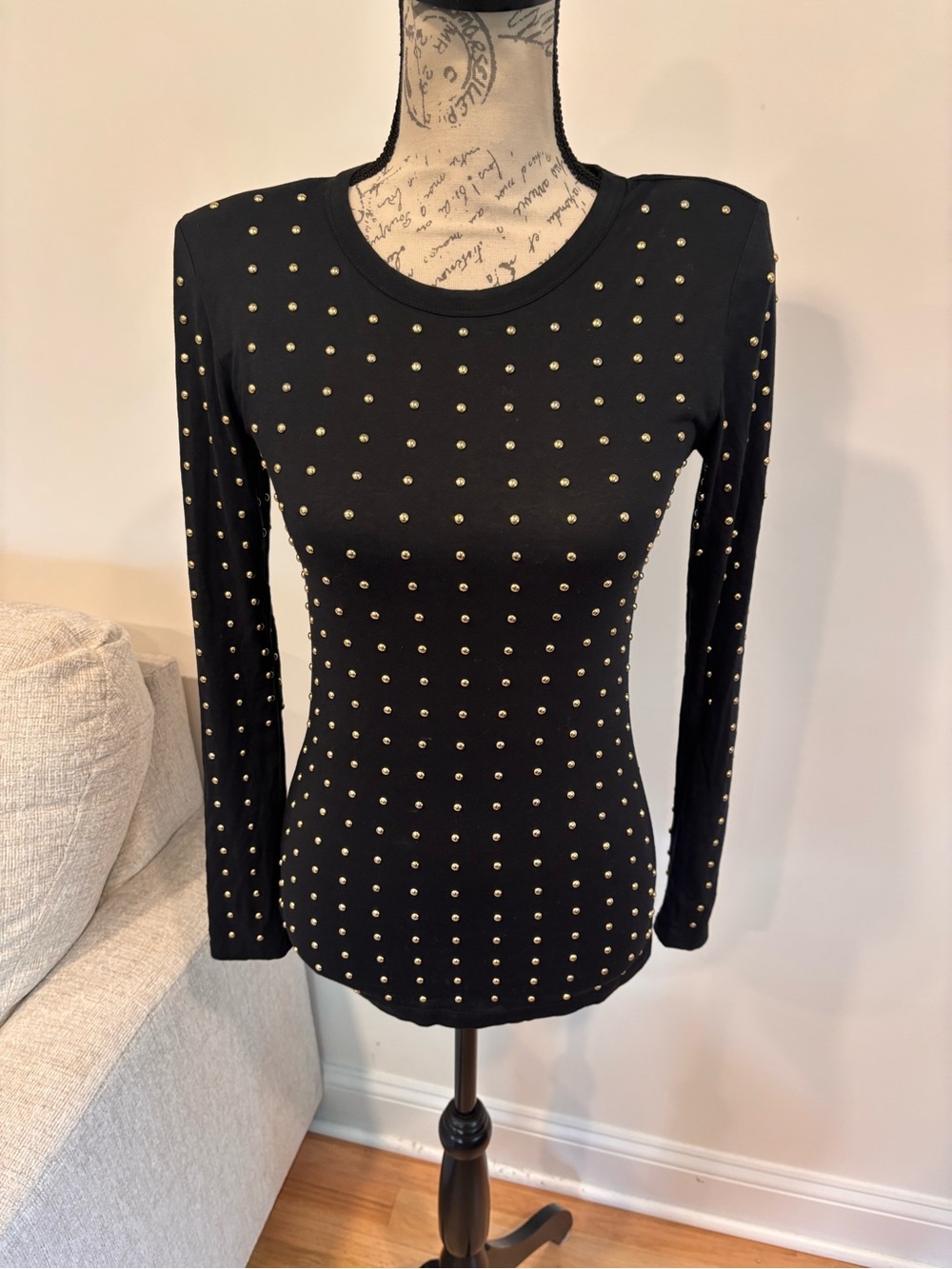 Torn by Ronny Kobo black long-sleeve knit top with gold stud embellishments XS